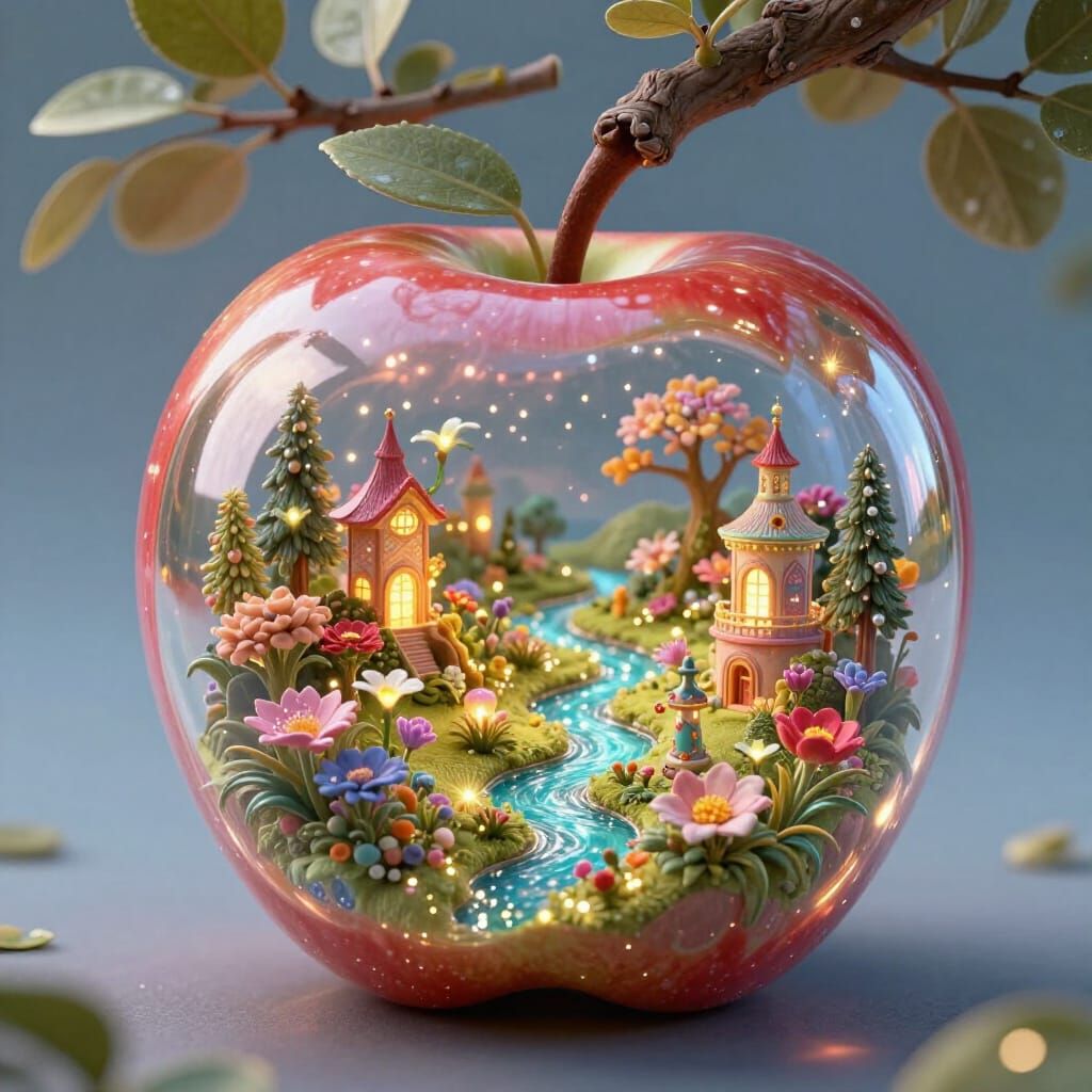 Glass Apple with Miniature Landscape Grows on Tree