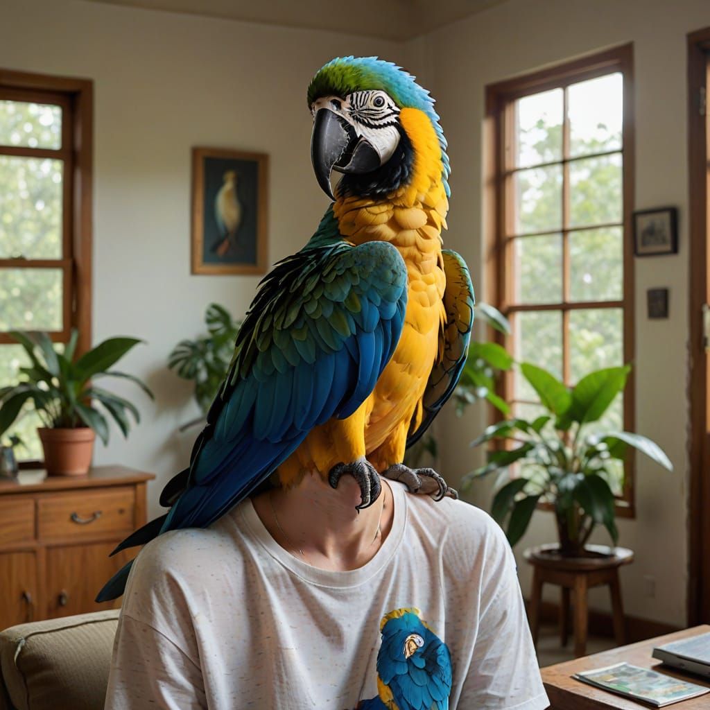 Parrot was supposed to be on the shoulder of the person and covering the person's face with their wing.  by @Tangodream