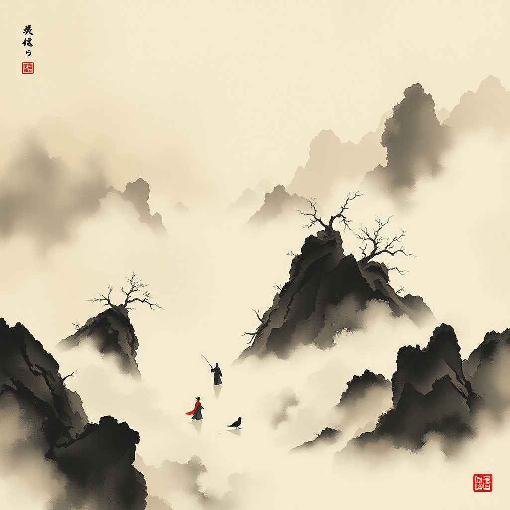 Mystical Realms and Seas in Ink Wash Style