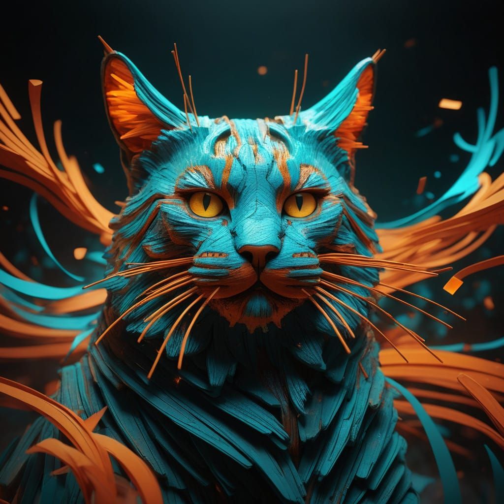 Whimsical Matchstick Cat's Head in Warm, Golden Tones