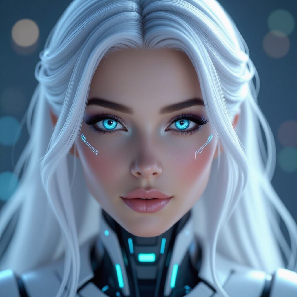 Photorealistic close-up portrait of a highly beautiful female android, perfect facial symmetry, long flowing white hair, piercing vivid cyan...