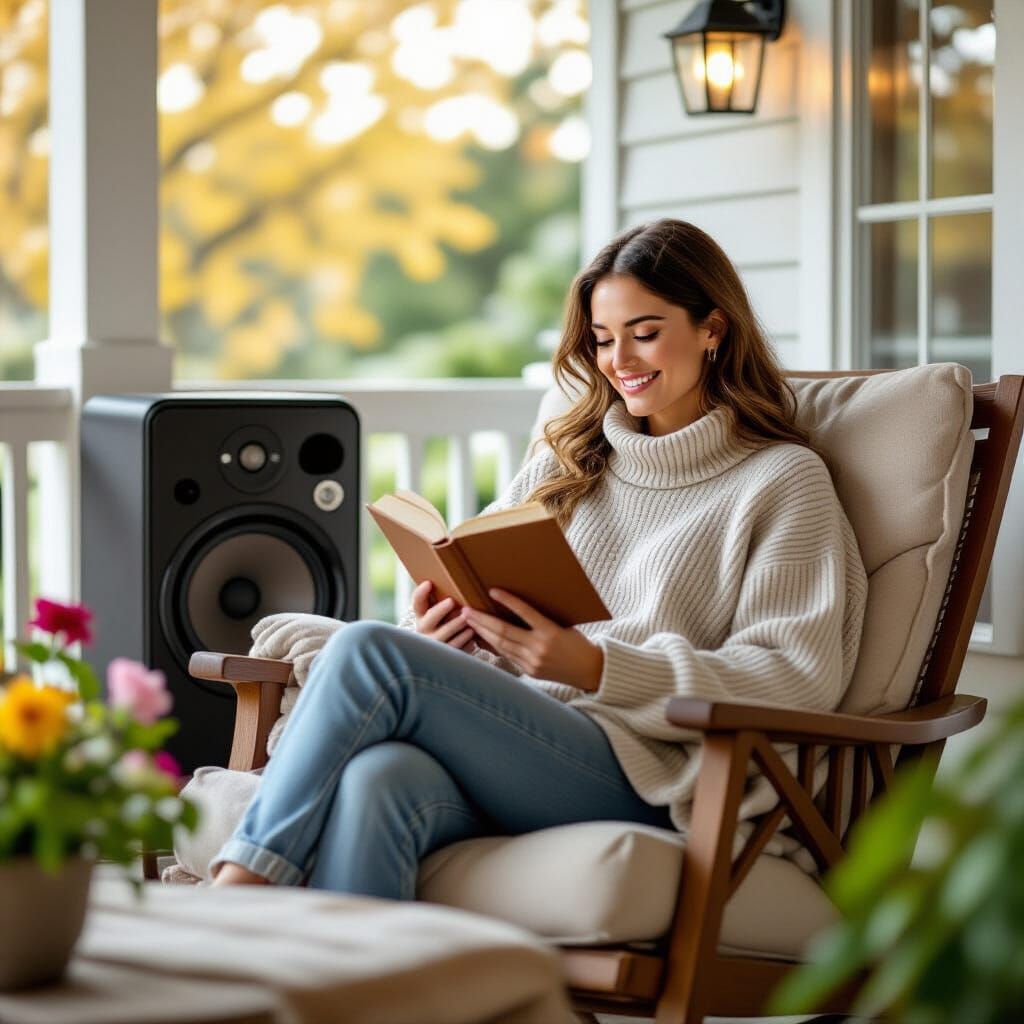 She’s dressed comfortably, reading a book in a comfy chair on an inviting porch, stereo playing in the background, warm and inviting setting...