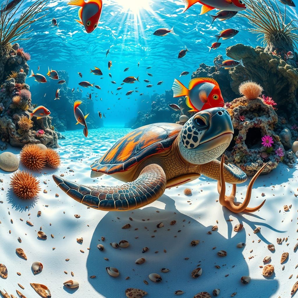 24K underwater panorama of a vibrant colored coral reef: marine life loaded with vivid colors contrasting ...  by @Sparta