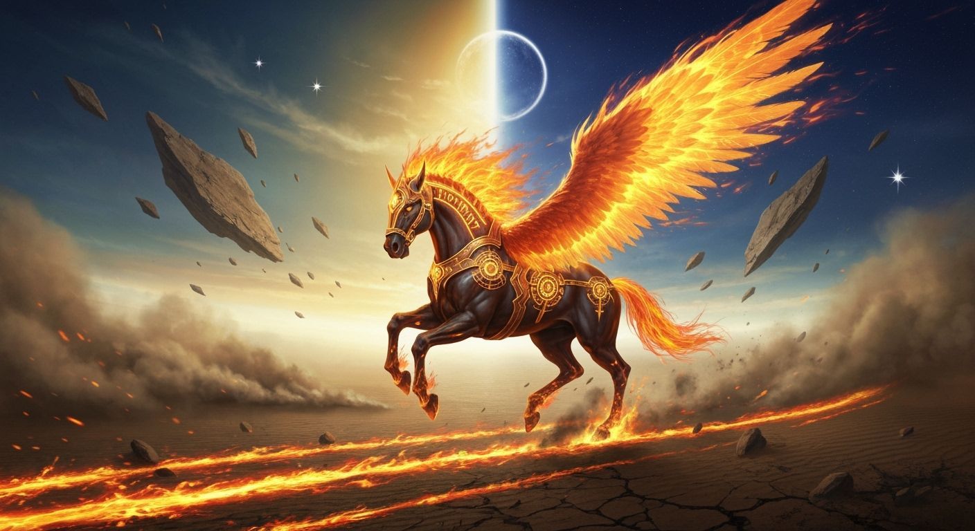 “Solar War Horse of the Dawn Rift”

A titanic fire-mane stallion galloping across a floating shattered desert world, hooves forging molten t...