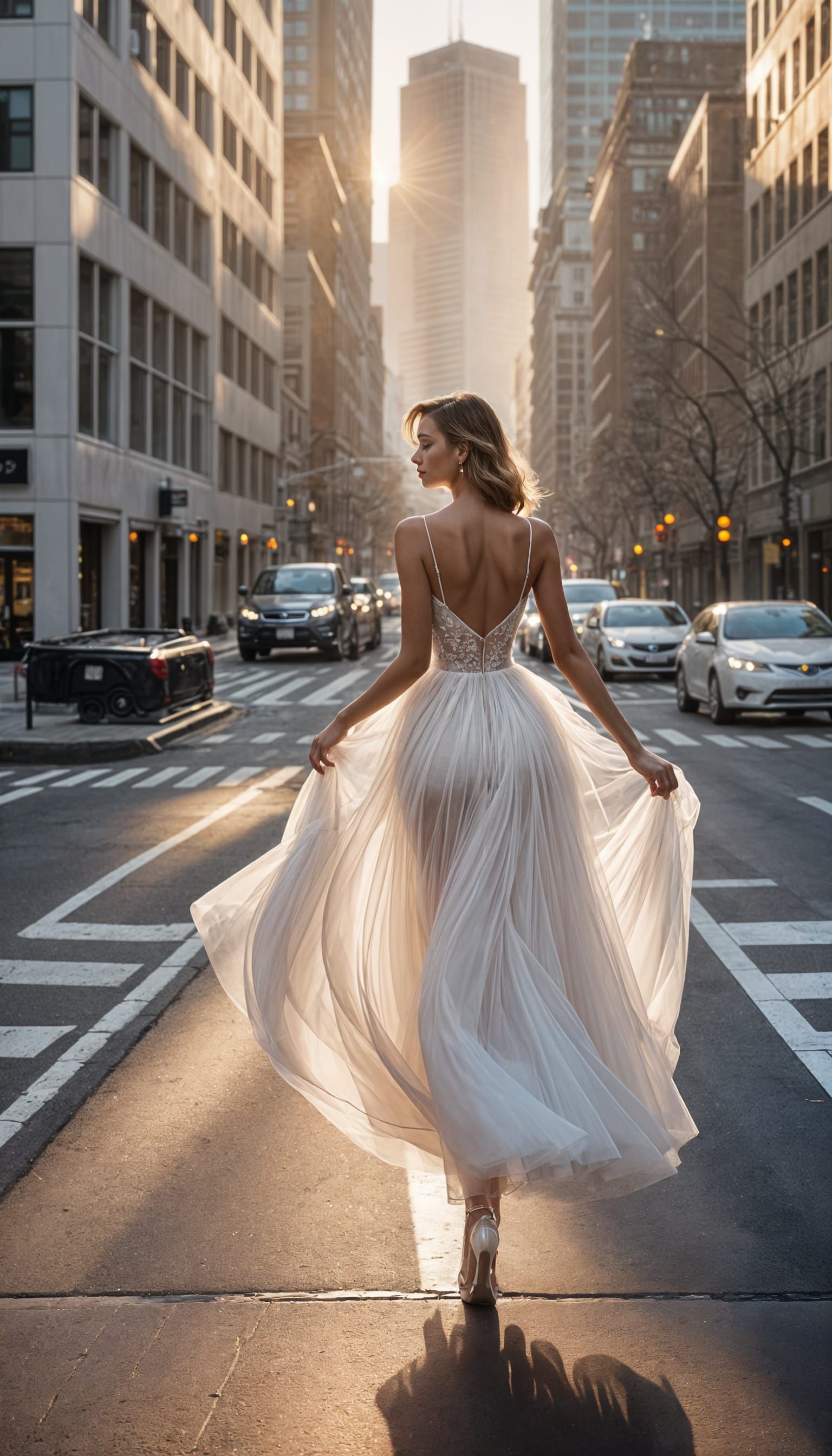 A woman walks gracefully down the street in an exquisite dress made only of all-white tulle that reflects ...  by @MasAllaHechosIlusion