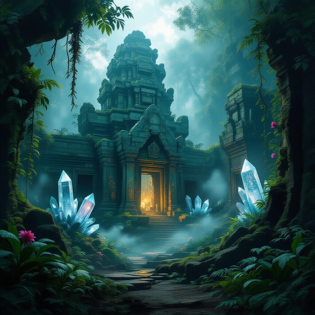 An ancient, overgrown temple hidden deep within an alien jungle, bathed in the ethereal glow of bioluminescent flora. Strange, crystalline s...