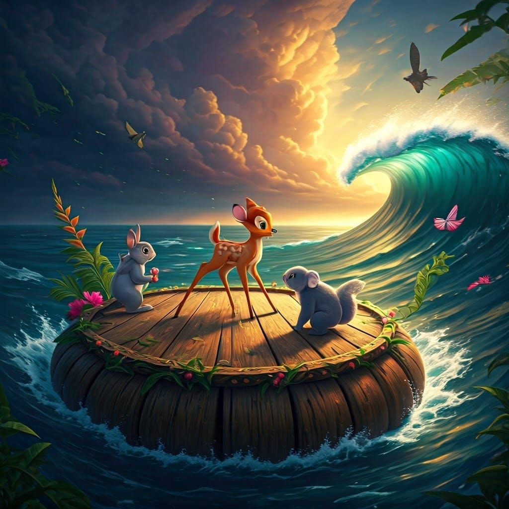 Bambi and Friends on Stormy Lake Raft