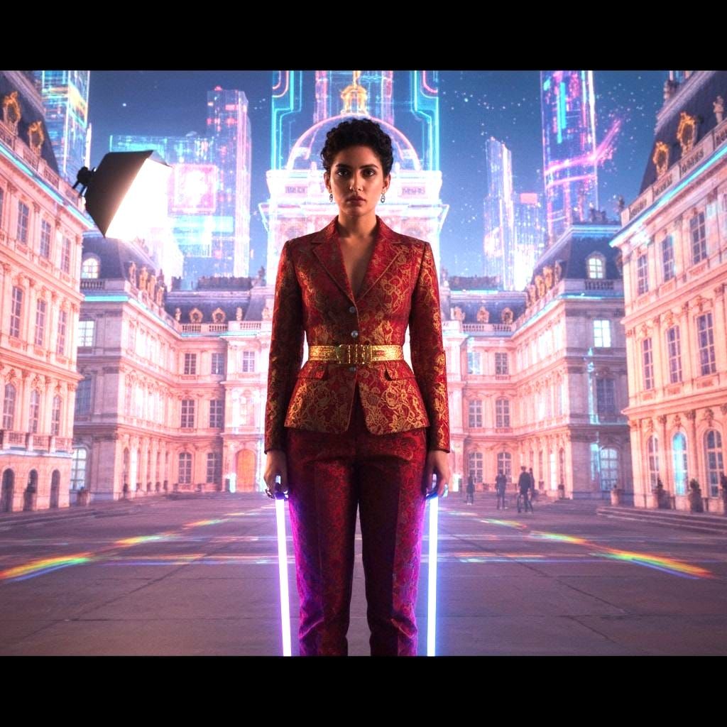 Envision a close up hyperrealistic portrait of a beautiful woman wearing intricately detailed colorful clothing and futuristic jewellery. Th...