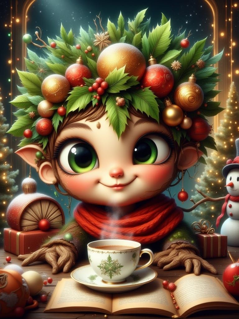 Living Christmas Tree Character in Cozy Winter Scene