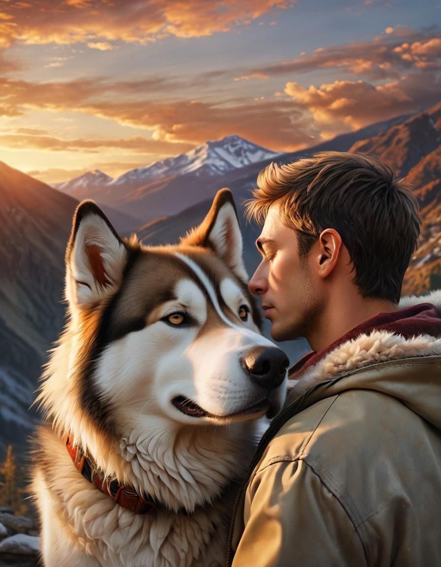 Man and Husky in Profile at Sunset