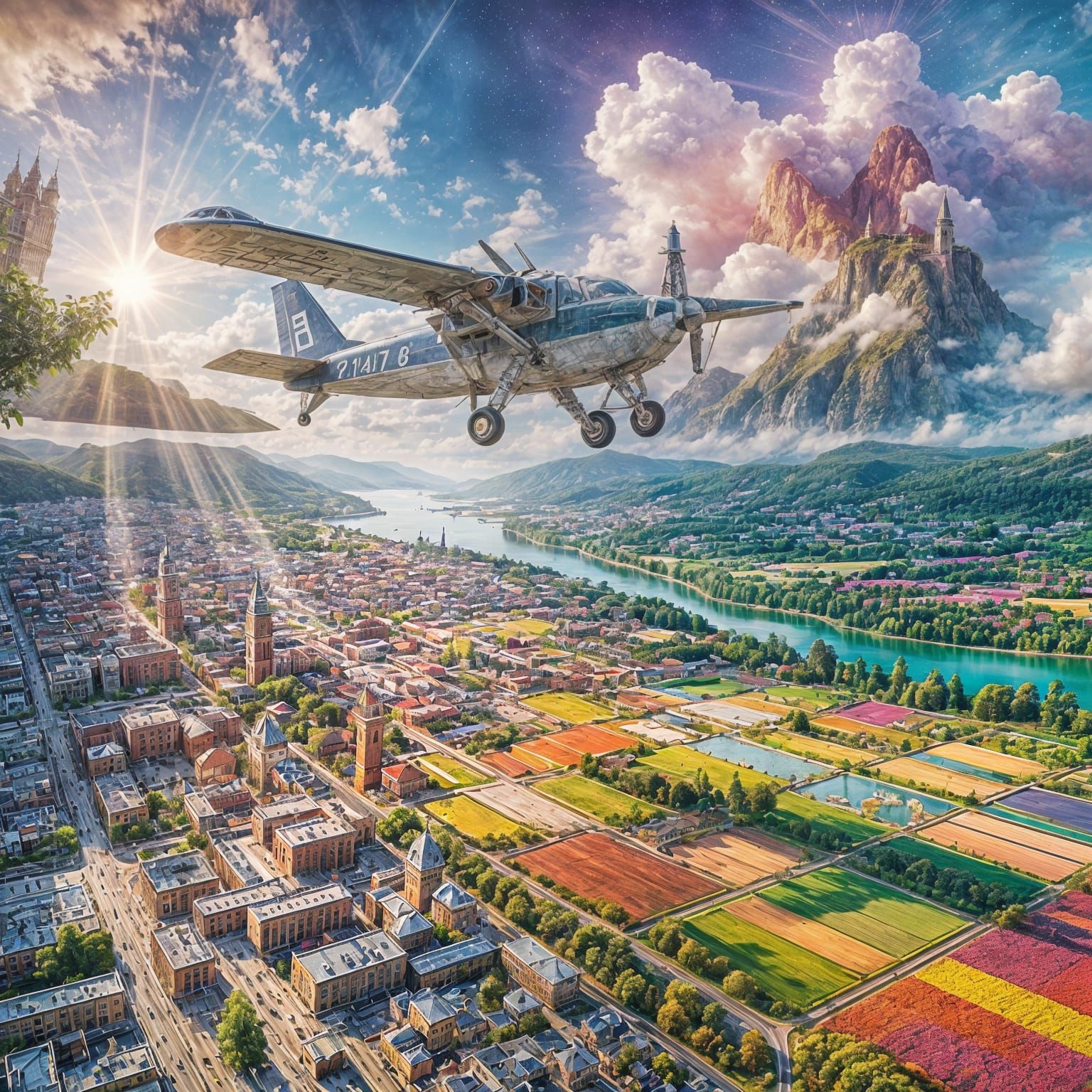 Piper Airplane Soaring Over Fields in Watercolor Style