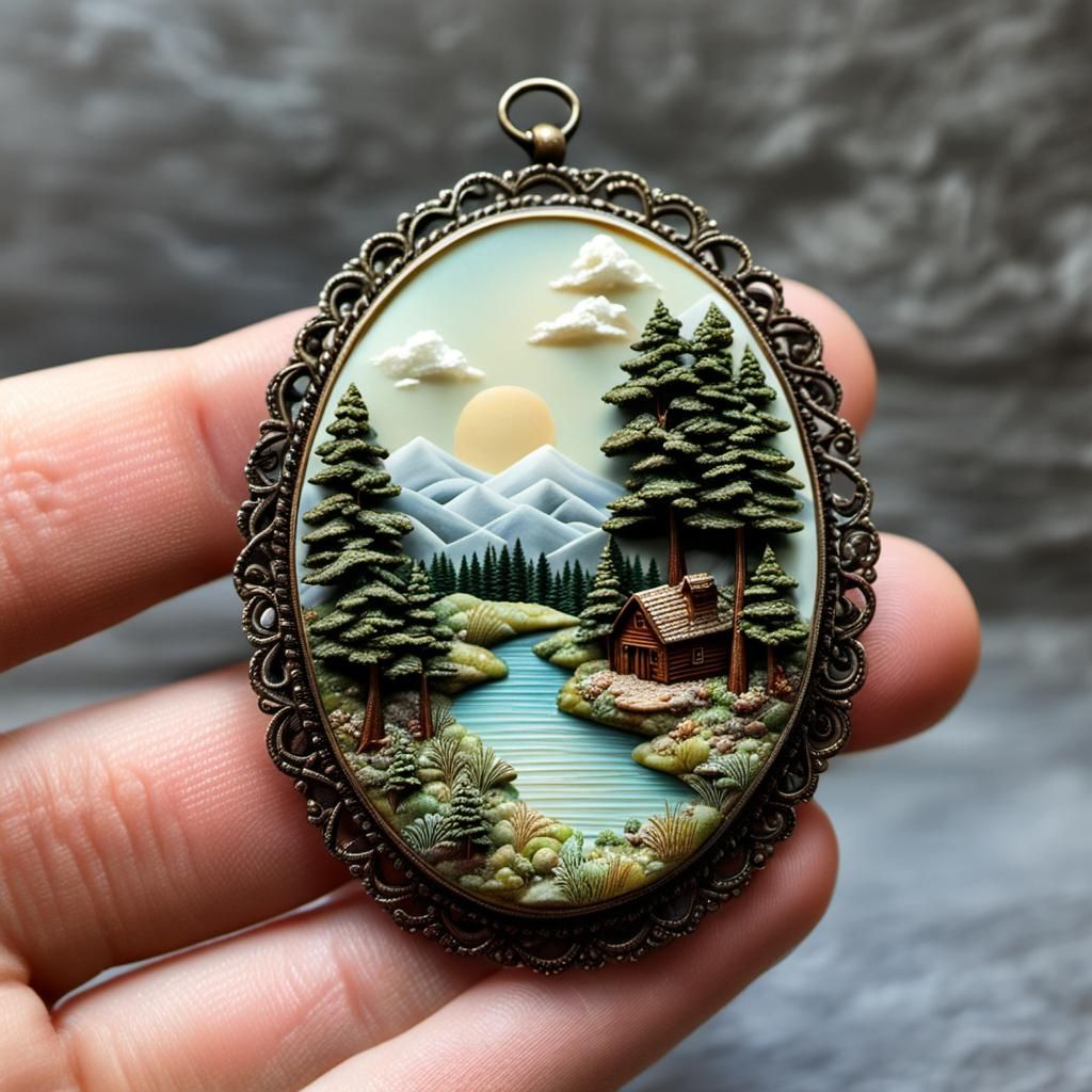 A busy miniature forested countryside unfolding within the confines of a vintage cameo in a person's ...  by @Jose Eduardo Cruz