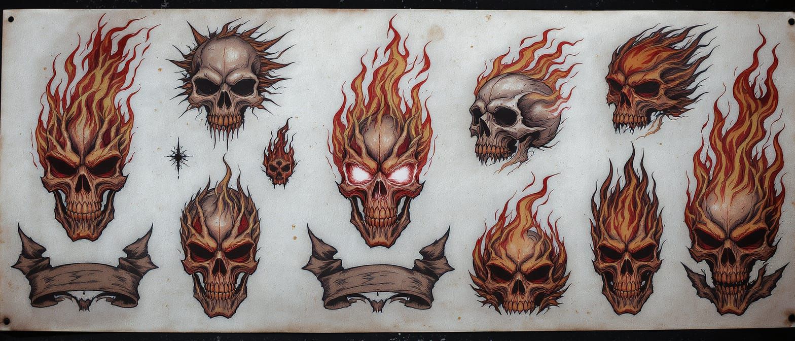 flaming skull tattoo sheet  by @undefined