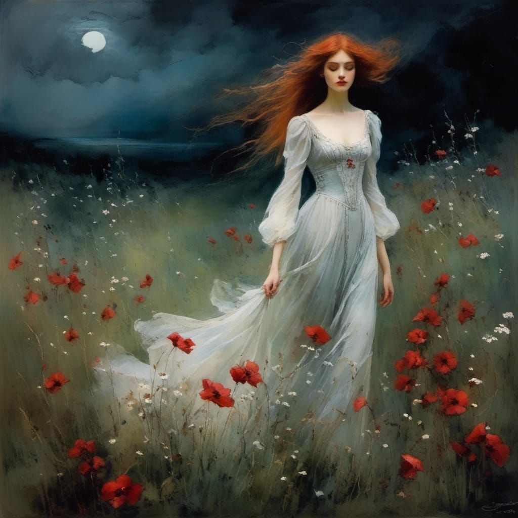 Gothic girl in beautiful flowing gossamer diaphanous gown wandering through a wild flower meadow, in moonlight romantic <lora:Gothic Romanti...