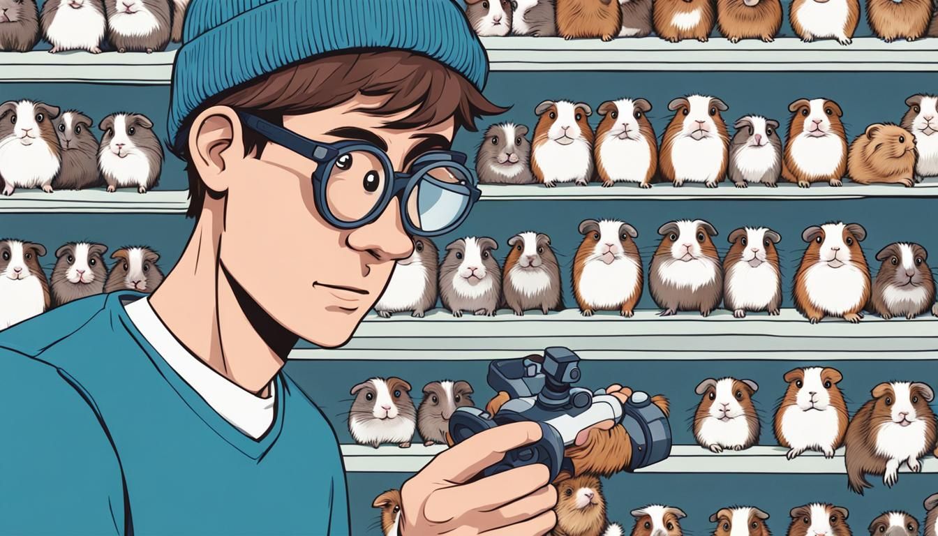 cute [blue beanie] [white skin] eyeglasses [young man] stand...