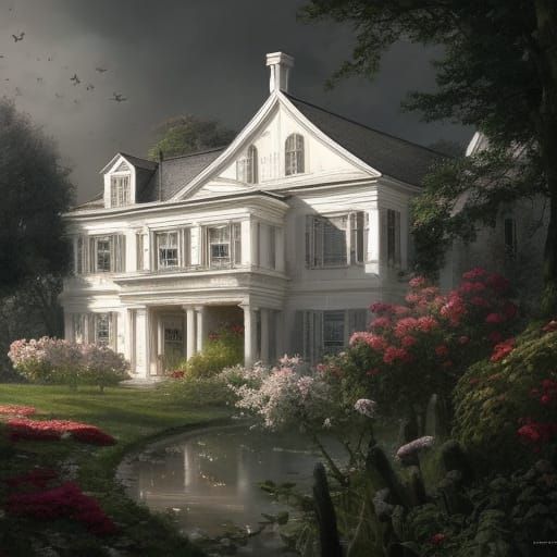 beautiful white mansion, with flowers.