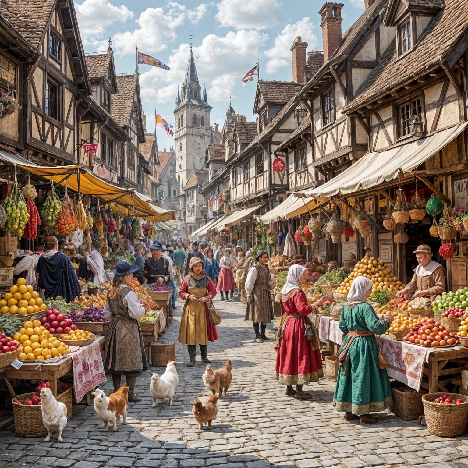 A fantastical and bustling medieval marketplace overflowing with colour and detail. Cows and pigs, dressed ...  by @PWC Digital Art