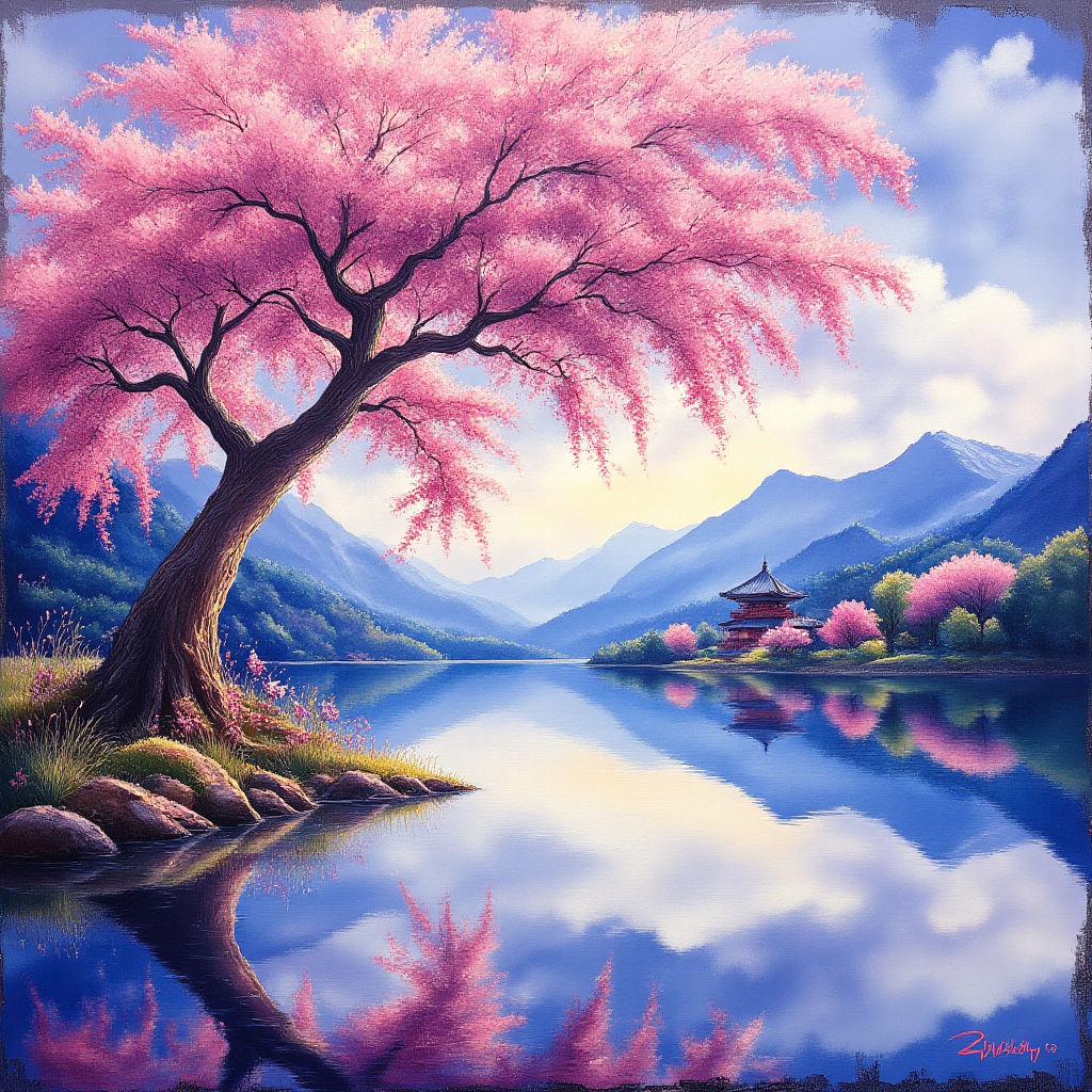 A beautiful ancient sakura tree in front of a lake