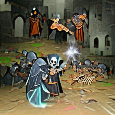Necromancer with army of skeletons fighting paladins