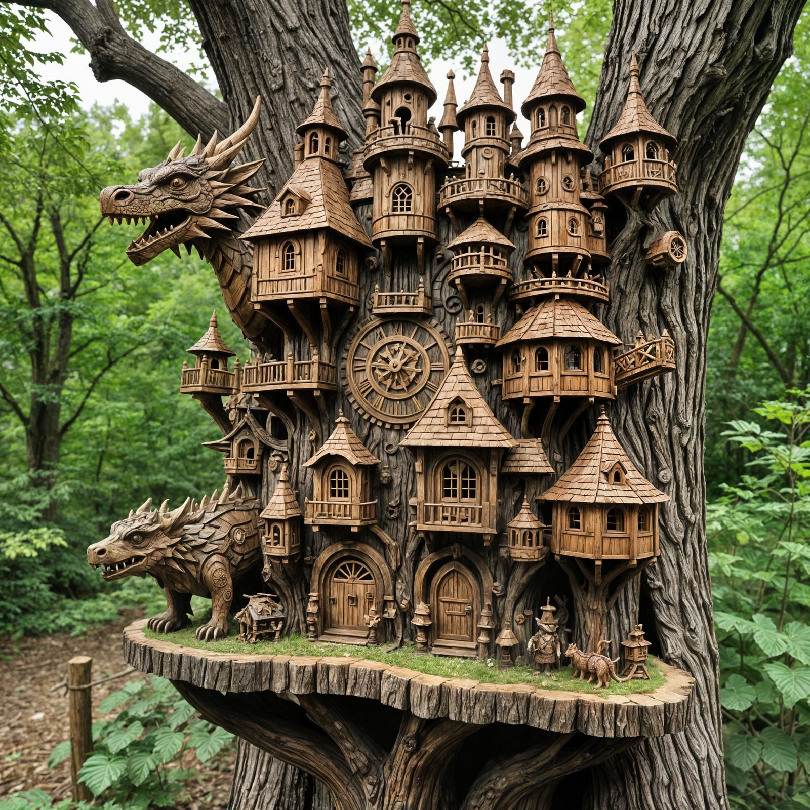 hand carved wooden castle, wooden heads of forest animals and dragons, in tree branches  by @Alyona