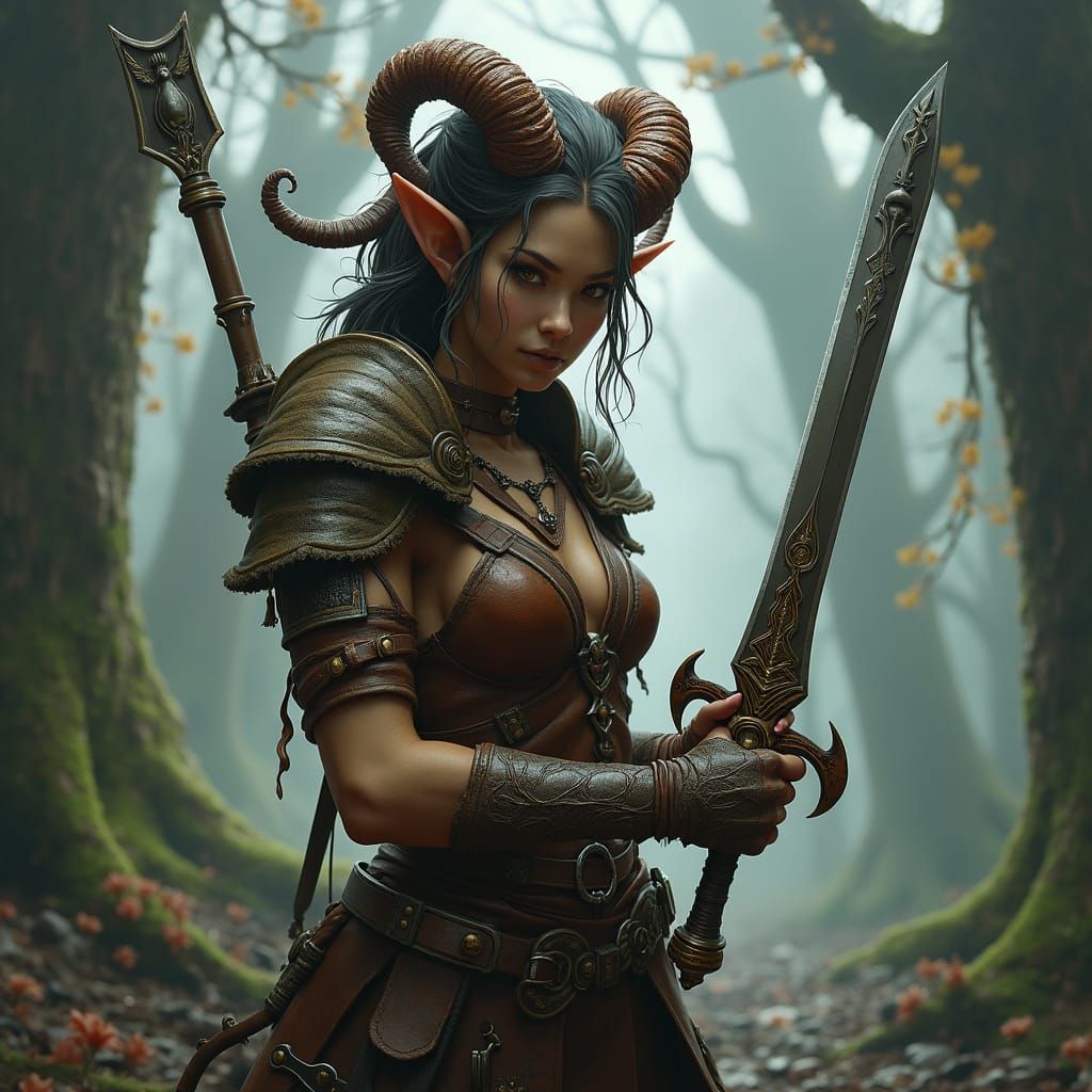 Tiefling female with flesh colored skin, twisted spiral horn...