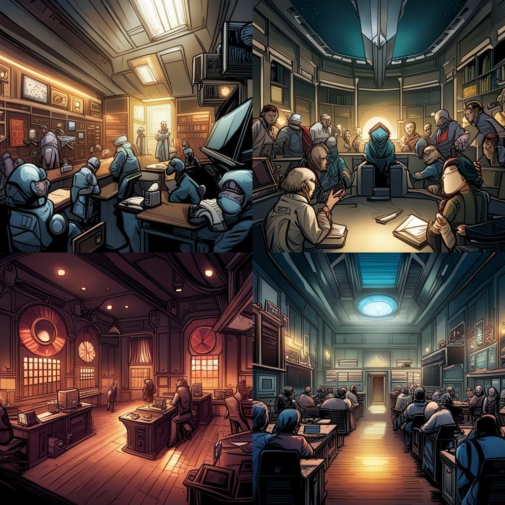 philosophy classroom filled with multiple sentient species