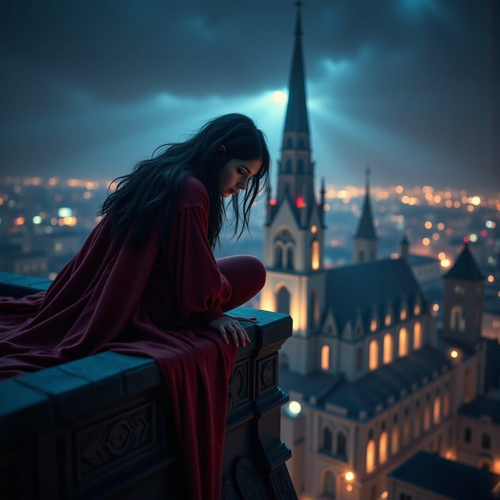 <lora:HyperPhotoRealism:1.0> a Vampire girl stooping on a cathedral roof peak overseeing a bustling cityscape at night