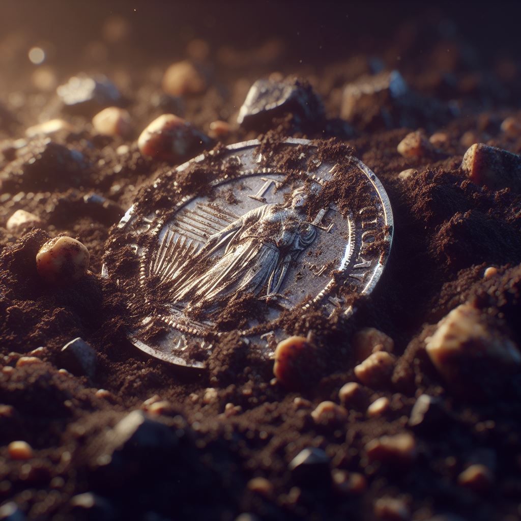 silver coin half-buried