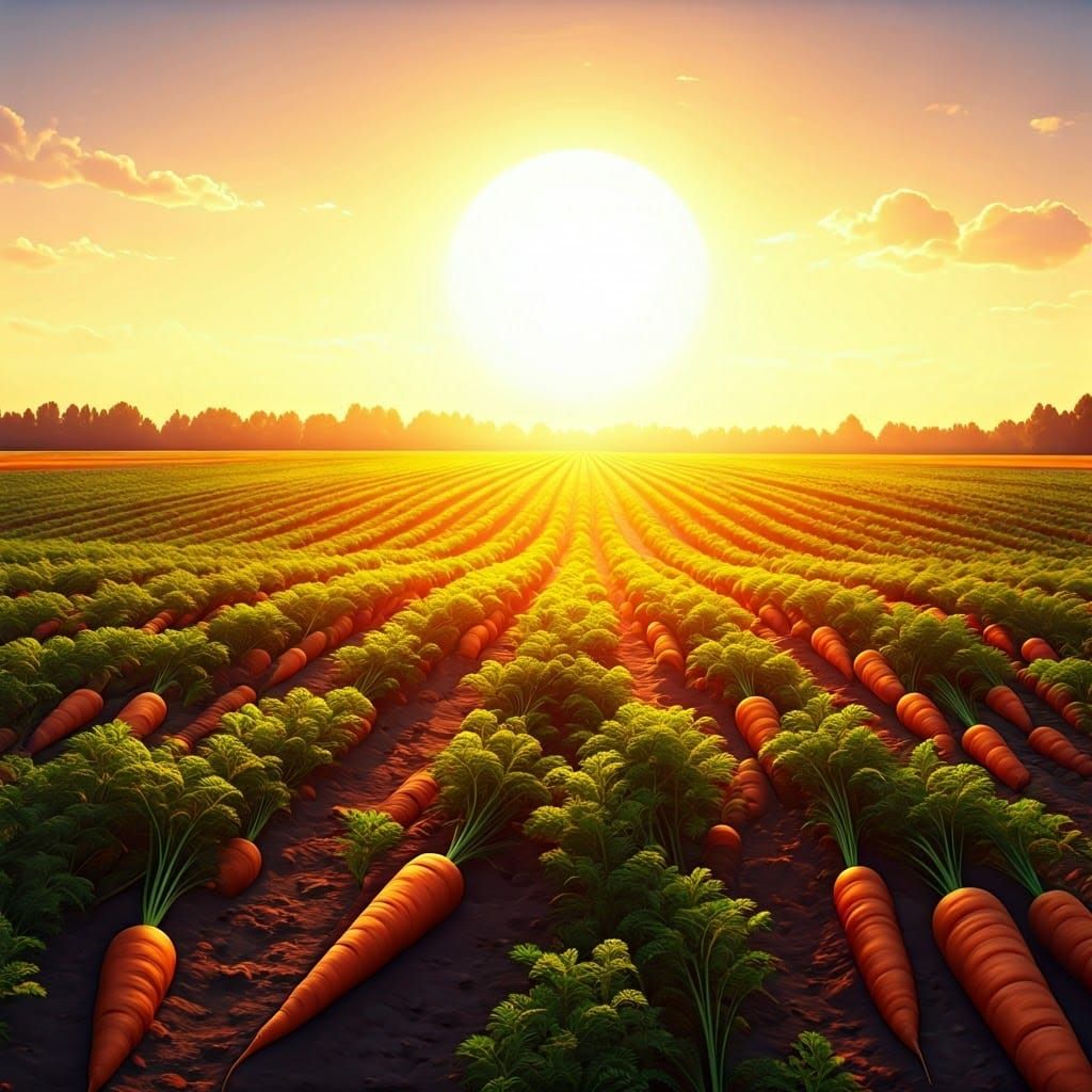 Surreal Orange Carrot Field Under Radiant Golden Sun