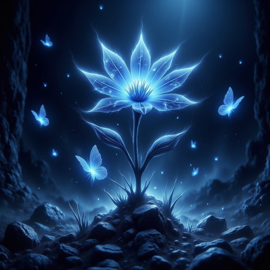 Mystical Black Light Flower with Ethereal Creatures