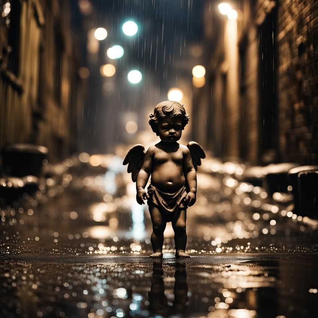 Cupid cherub standing sadly in filthy alley, rain, dark