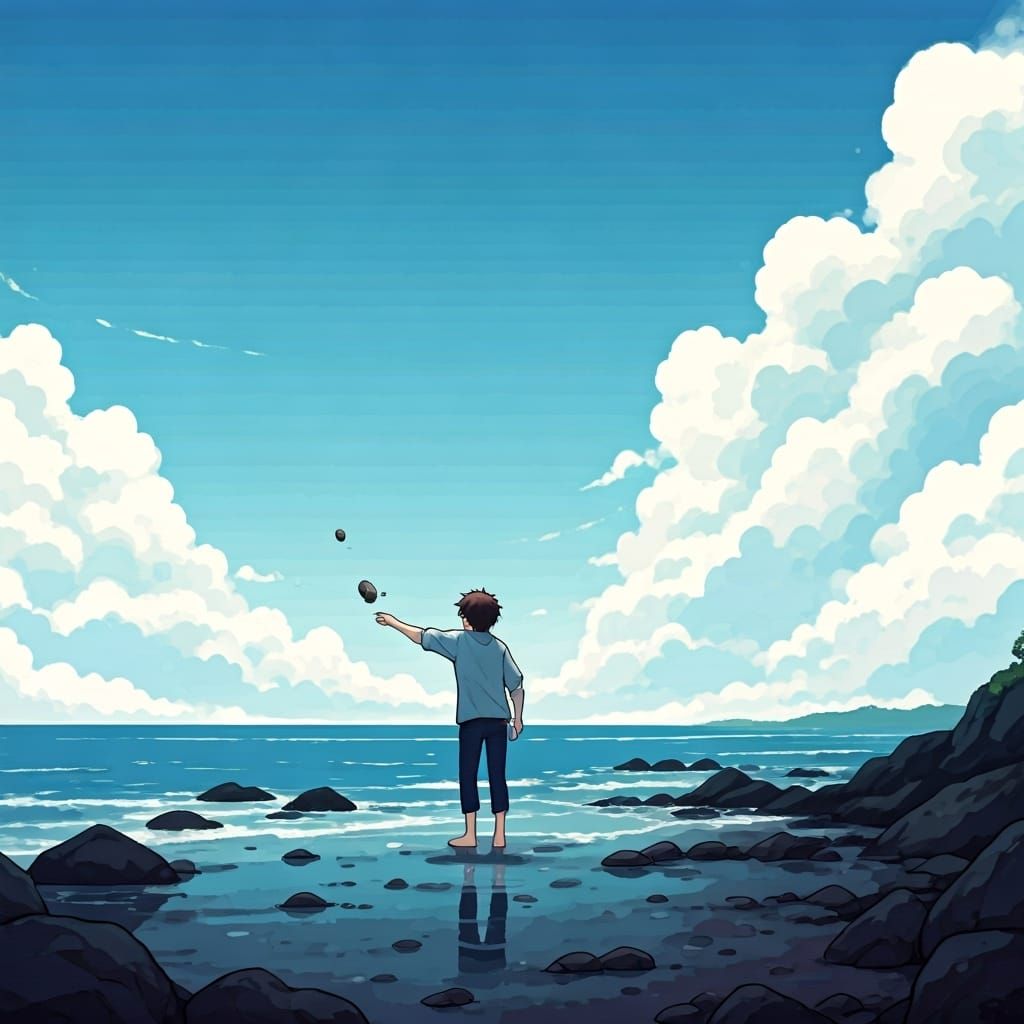 Melancholic Teenager Throws Stones at Sea