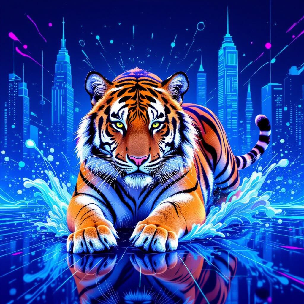 Majestic Tiger in Futuristic Cityscape, Abstract Vector Styl...