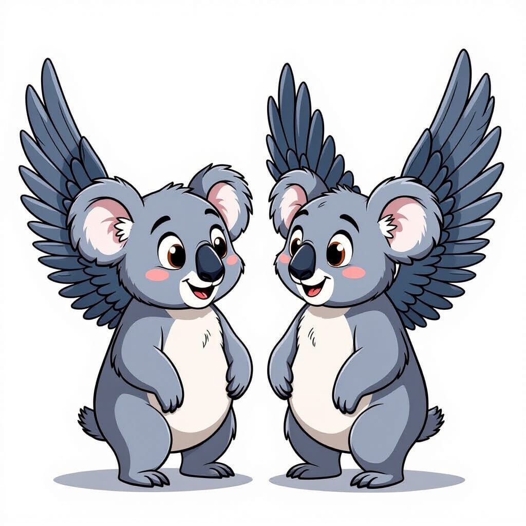 a grey koala with wings but also a grey koala without wings. Both of them are the same size but not touching each other. Have no background....
