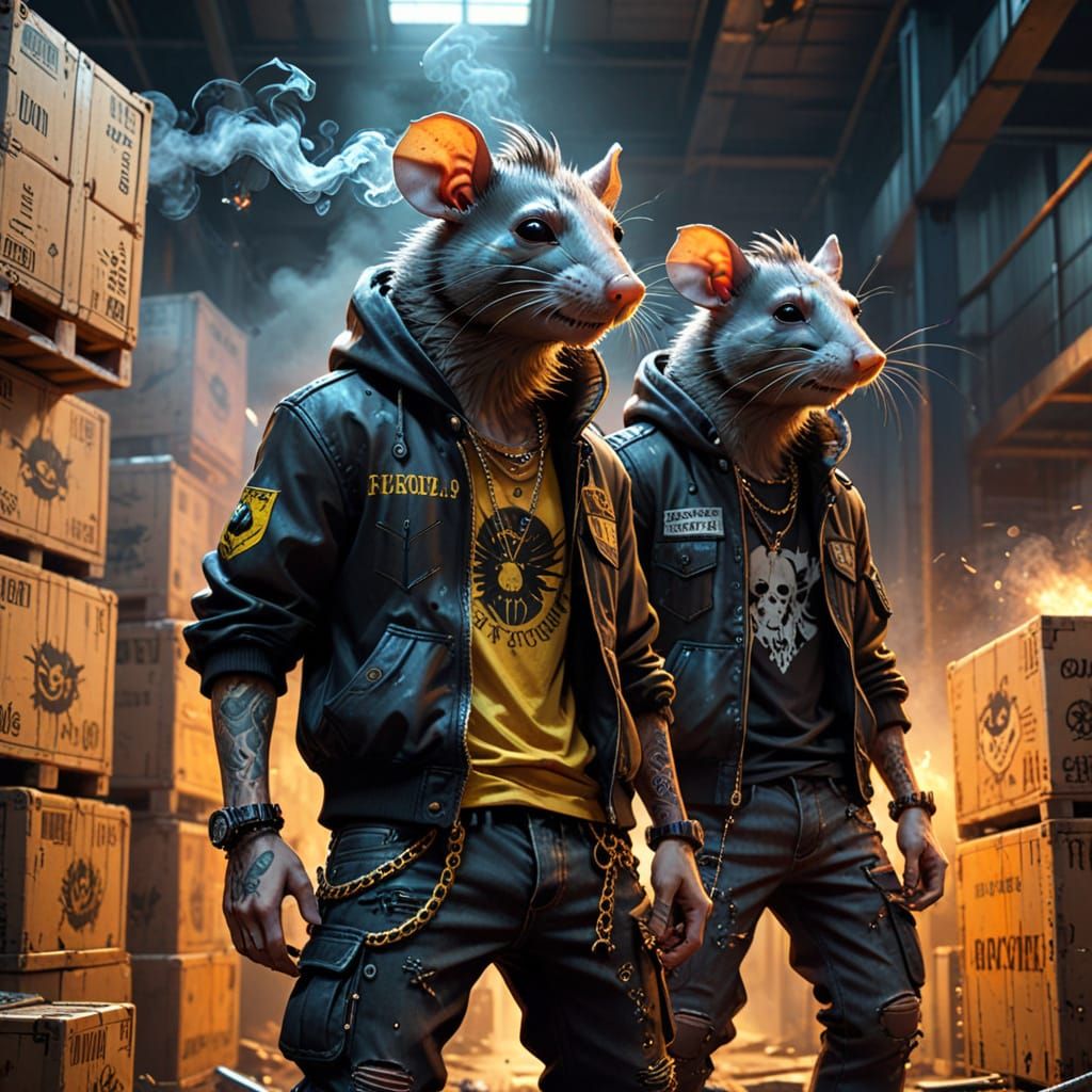 Ultra-realistic 3D render with extreme depth of field showing two anthropomorphic fancy rats dressed as stylish Mexican gangsters — gold cha...