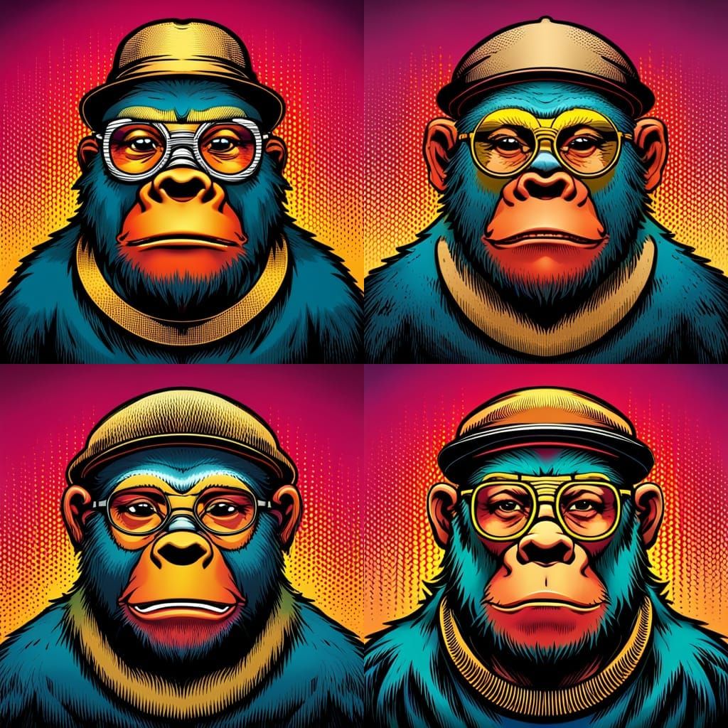 portrait of pop art cartoon Ape with a frown that showes his teeth, and ...