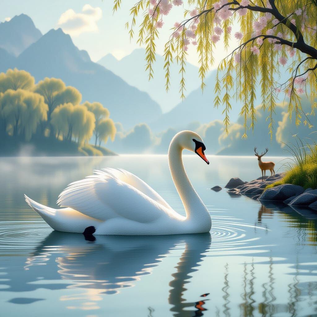 Swan's Face Merges with Lake in Double Exposure Art