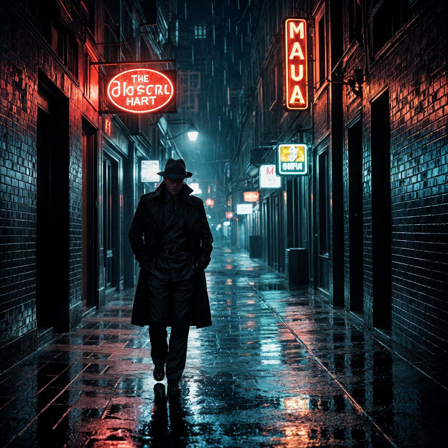 A lone figure, a private investigator with a trench coat and fedora, stands silhouetted against a rain-slicked, neon-drenched alleyway. The ...