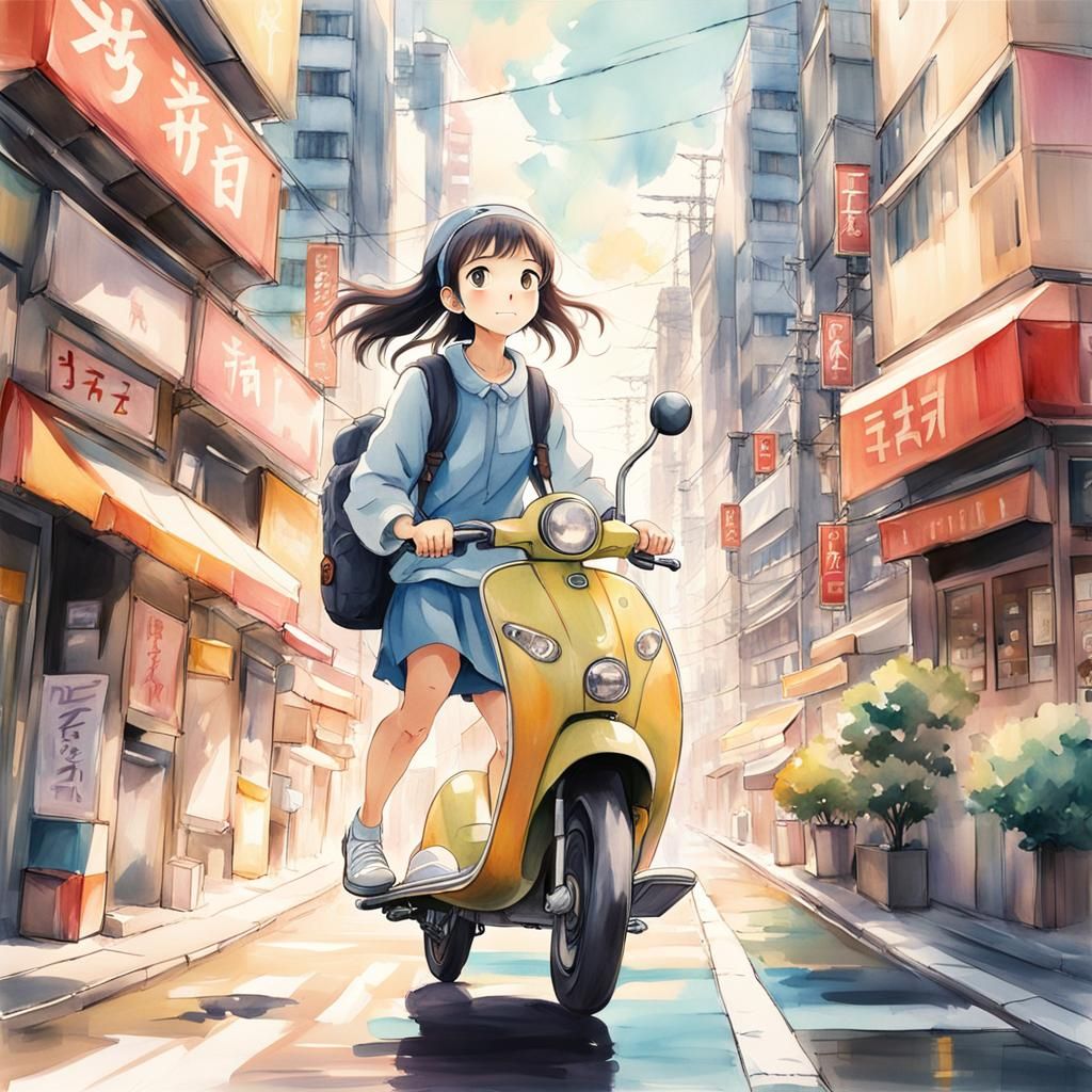 Girl on Scooter in Tokyo: Anime Art Style