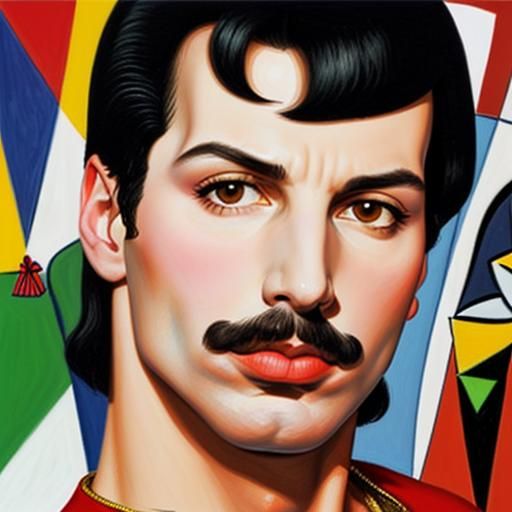 Freddie Mercury portrait. Cubism, Pablo Picasso drawing pain...