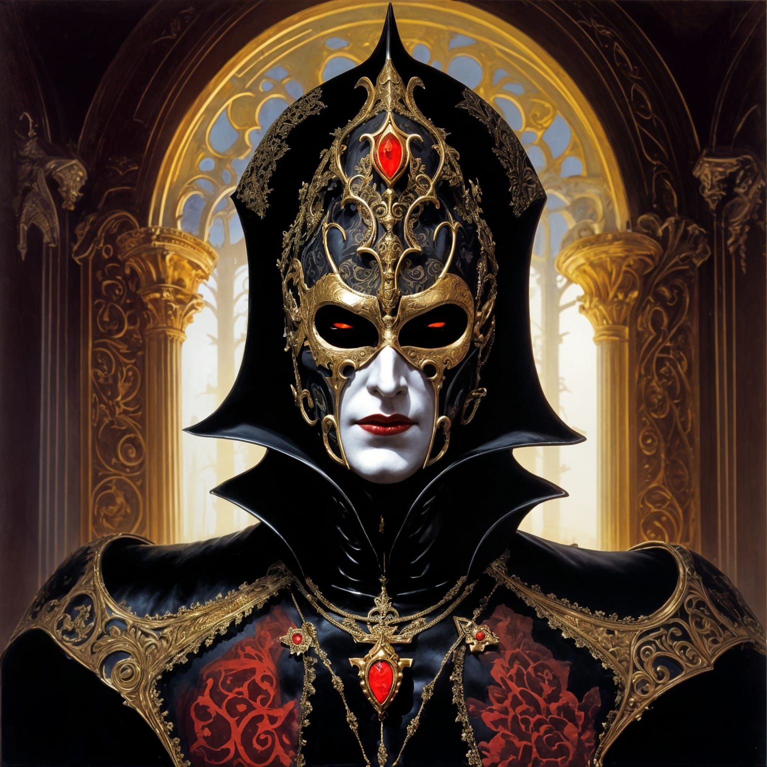 Vampire arcivampire, venetian mask, in black ornated armor, ...