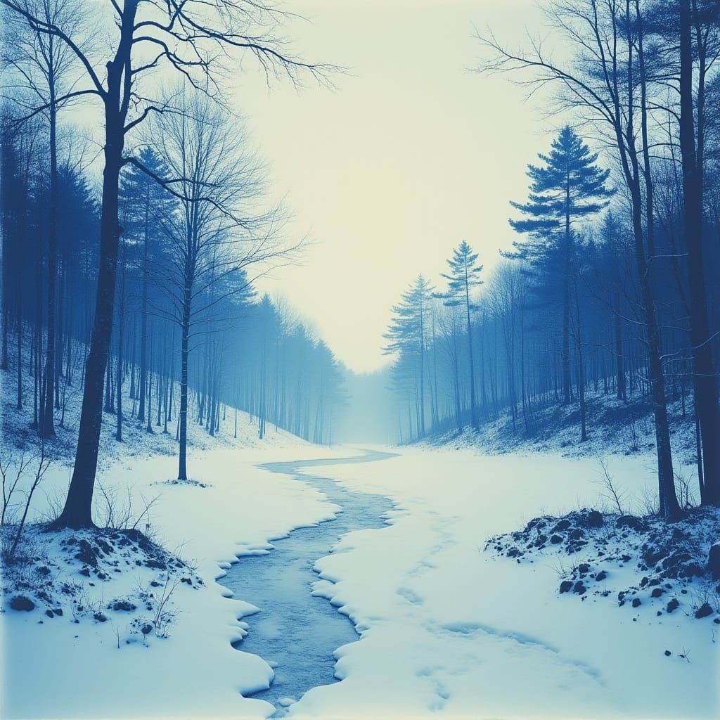 <lora:cyanotypeLike:1.0> ethereal winter landscape, dream, glitter