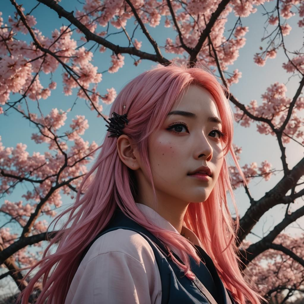 Anime Girl with Sakura Trees in Cinematic Style