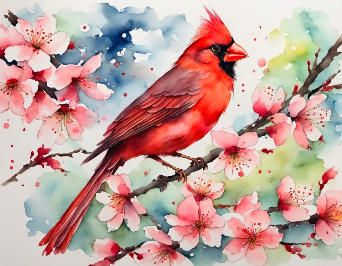cardinal, blooming sakura, Messy Watercolor  by @Hugo Raul