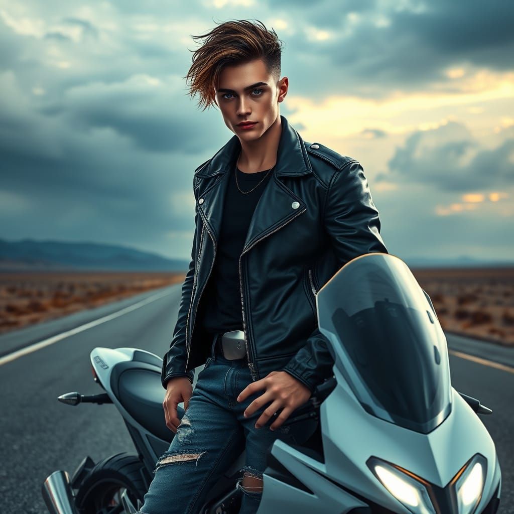 Brooding Motorcyclist in Futuristic Matte Painting Style
