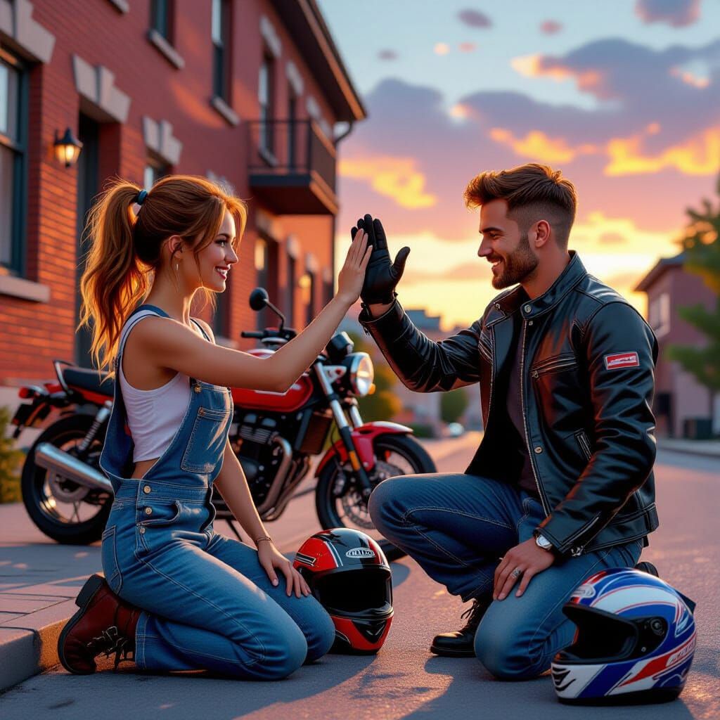 Redhead and Biker High-Five at Sunset
