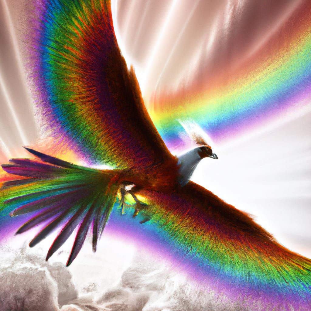 A beautiful, holy rainbow phoenix soaring along a rainbow  by @Retropius