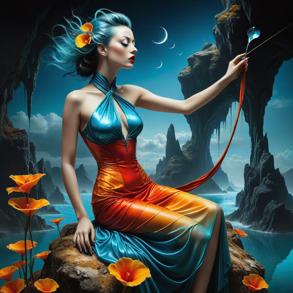 Photorealistic Lady in Surreal Fantasy Landscape
