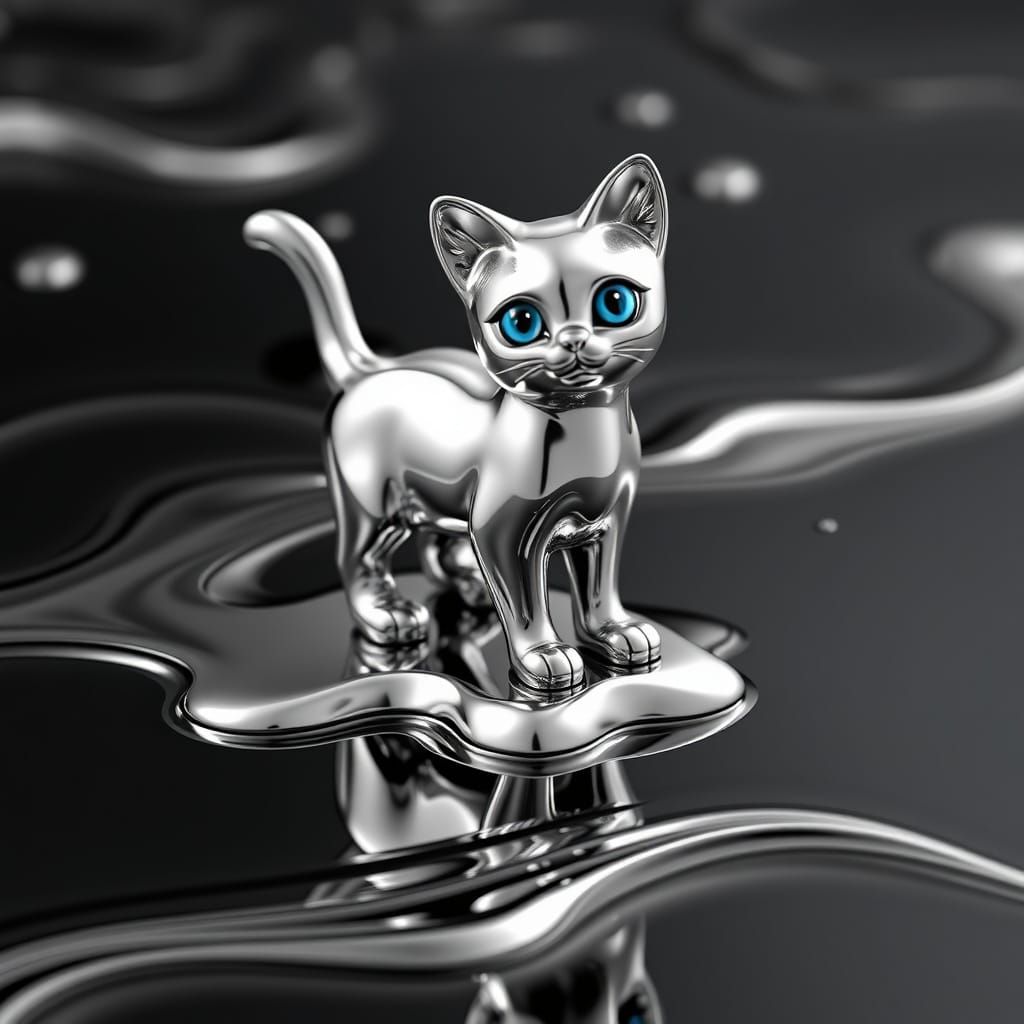 a metallic silver oil brushed, melting chrome cat  figurine with blue eyes, standing on on a reflective ...  by @blizzard224