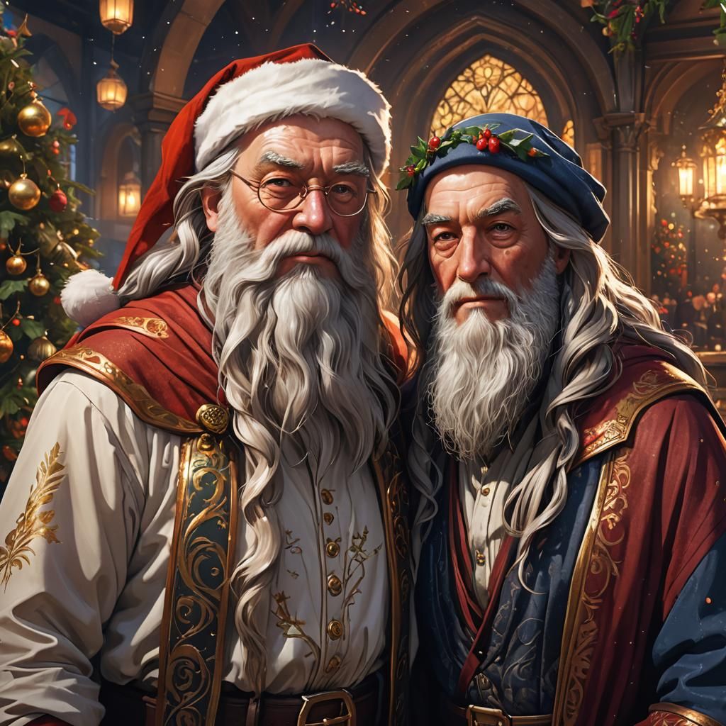santa in christmas clothes and dumbledore in clothes